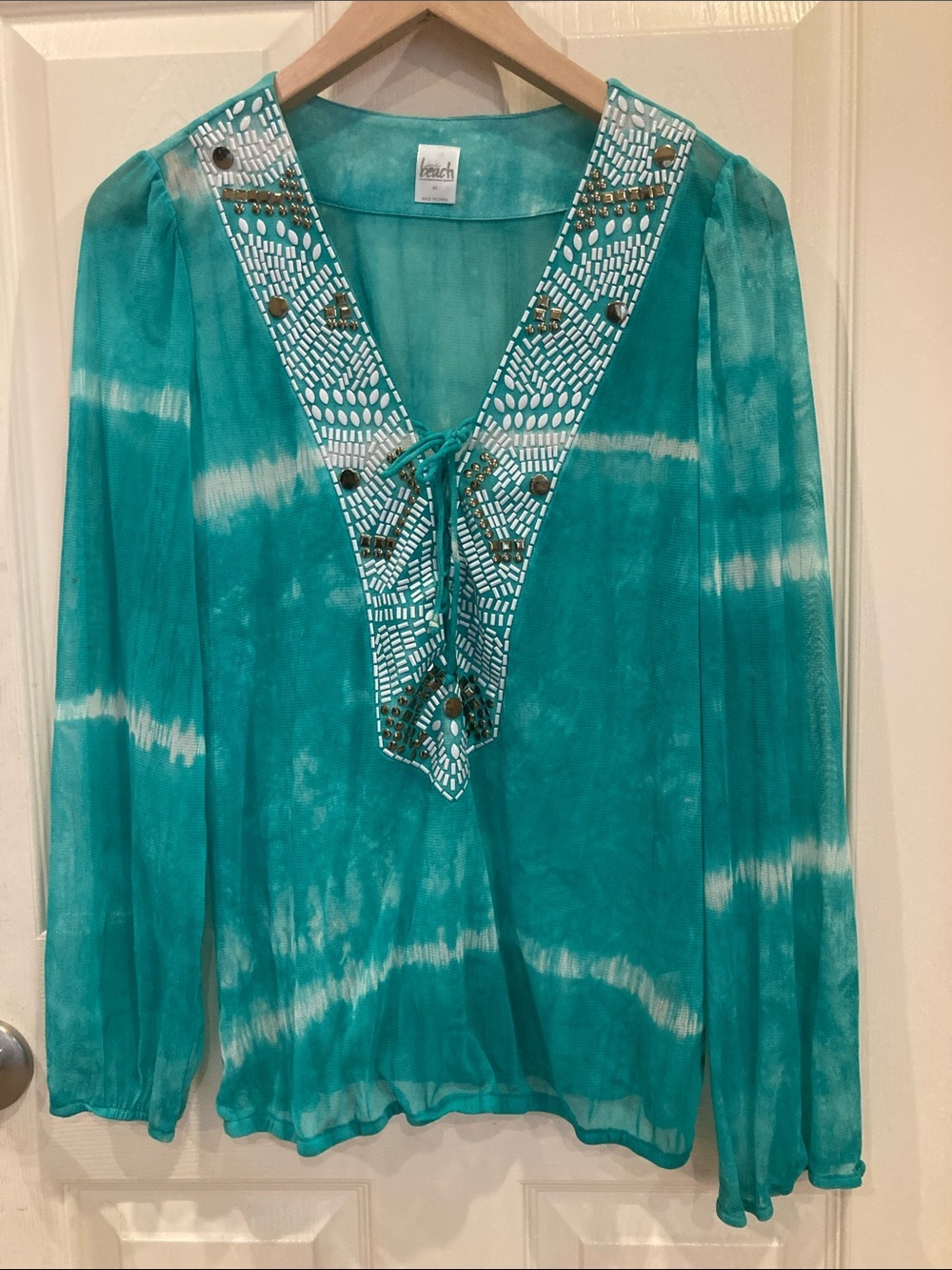 INC Teal Tie Dye Tunic Top Embellished Women’s Beach Casual Blouse